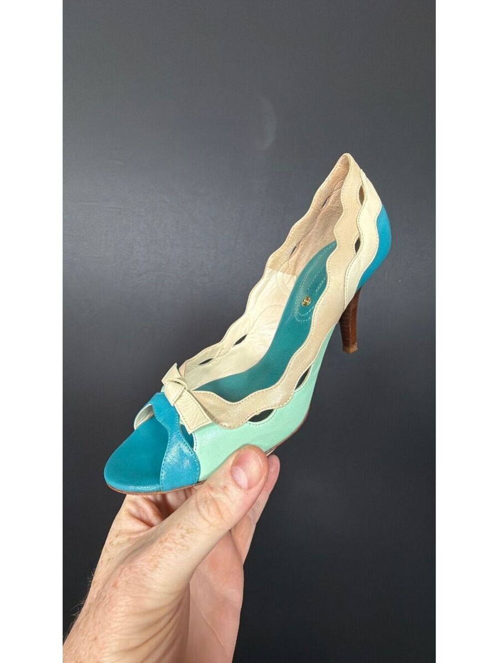 Celine Aqua Blue Scalloped Peep Toe Heel Size 37